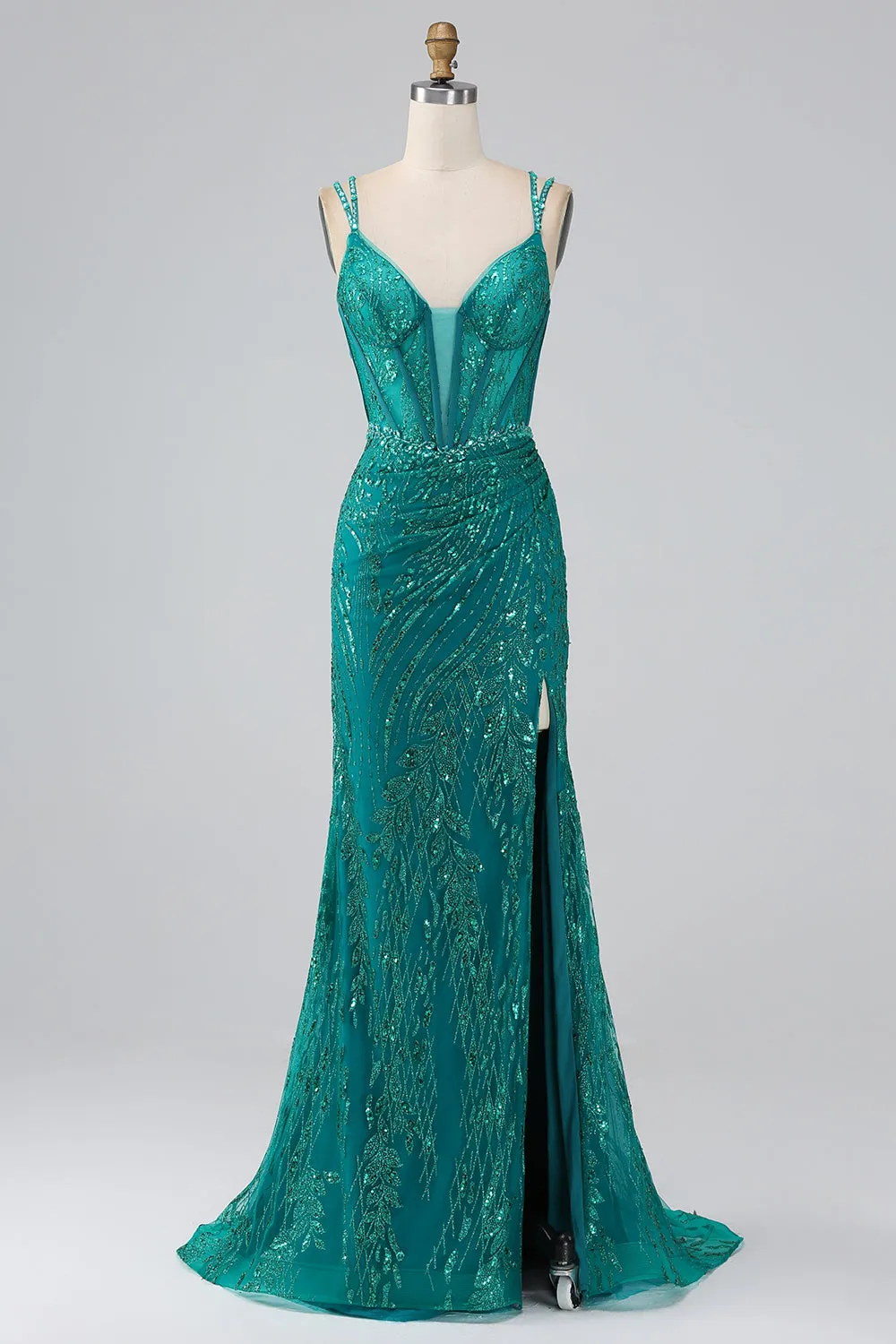 Dark Green Sparkly Mermaid Spaghetti Straps Corset Prom Dress With Slit sold by Zapaka