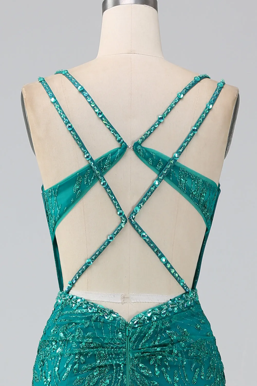 Dark Green Sparkly Mermaid Spaghetti Straps Corset Prom Dress With Slit sold by Zapaka product image thumbnail 5