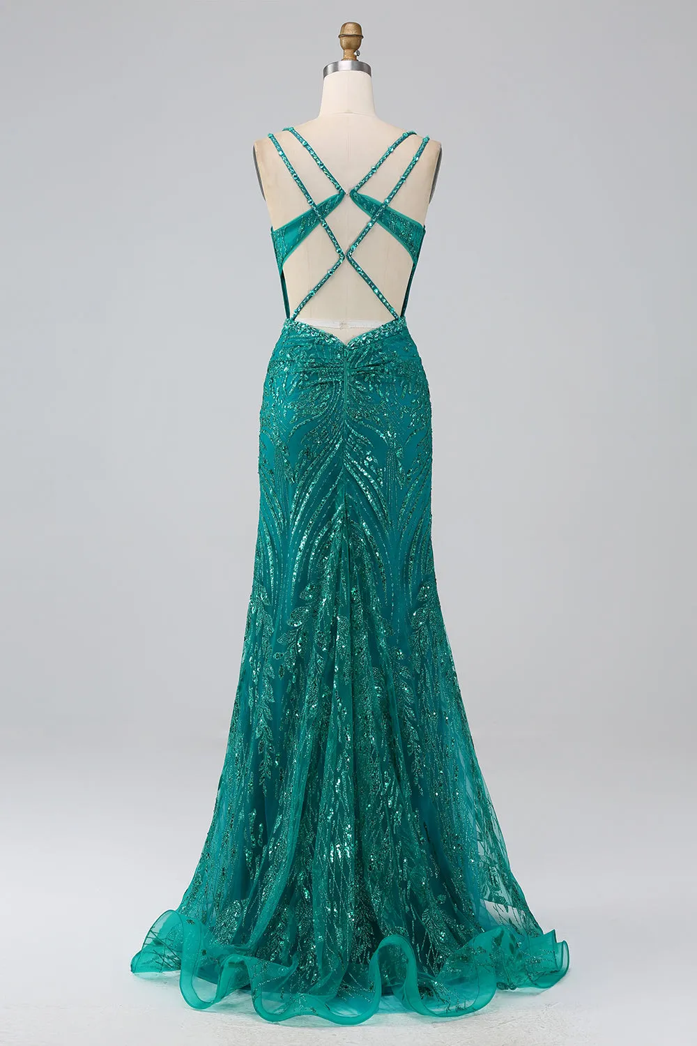 Dark Green Sparkly Mermaid Spaghetti Straps Corset Prom Dress With Slit sold by Zapaka product image thumbnail 2