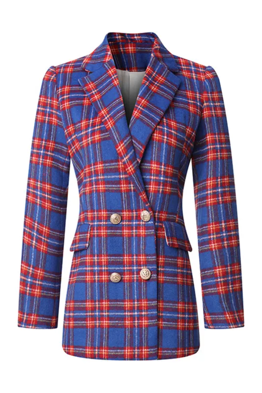 Red Blue Plaid Double Breasted Women Blazer sold by Zapaka