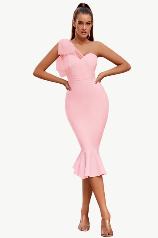 Pink One Shoulder Mermaid Midi Cocktail Dress sold by Zapaka