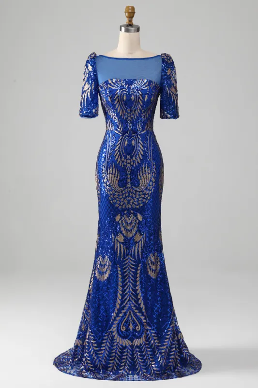 Mermaid Royal Blue Sparkly Prom Dress with Short Sleeves sold by Zapaka