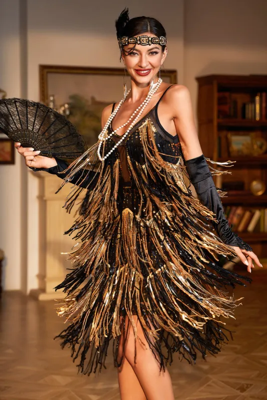 Spaghetti Straps Black Golden 1920s Dress with Fringes sold by Zapaka