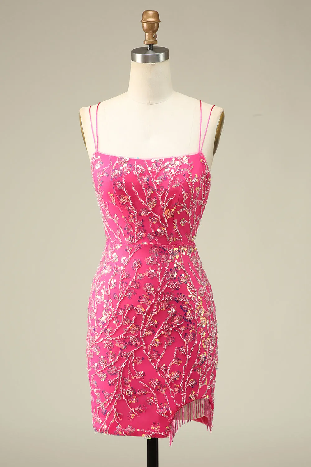 Elegant Fuchsia Corset Back Bodycon Homecoming Dress With Tassel sold by Zapaka