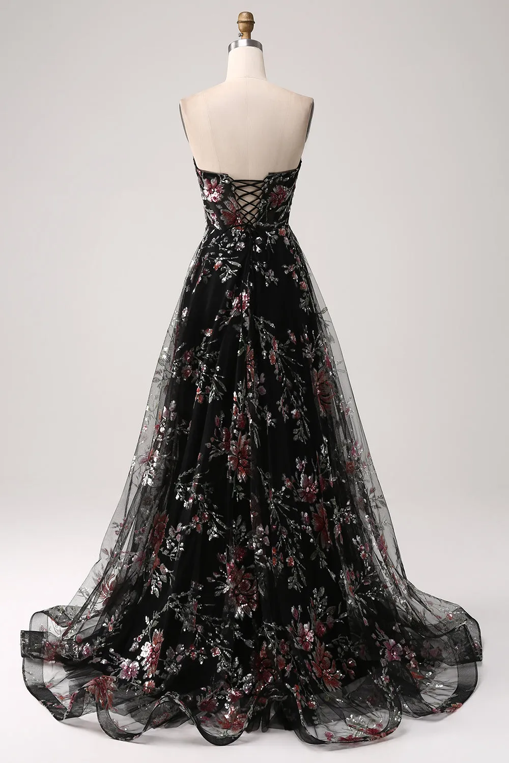 Black A-Line Flower Sequins Long Corset Prom Dress sold by Zapaka product image thumbnail 4