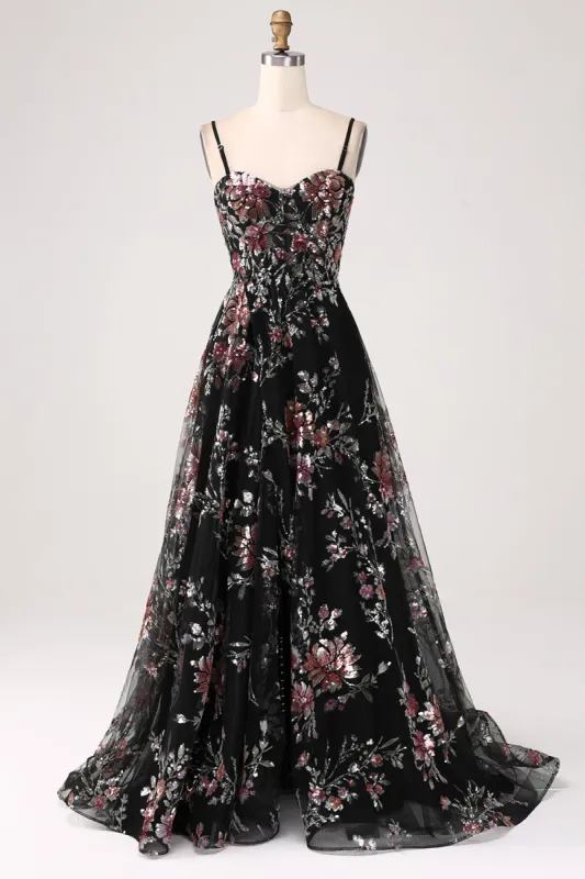 Black A-Line Flower Sequins Long Corset Prom Dress sold by Zapaka