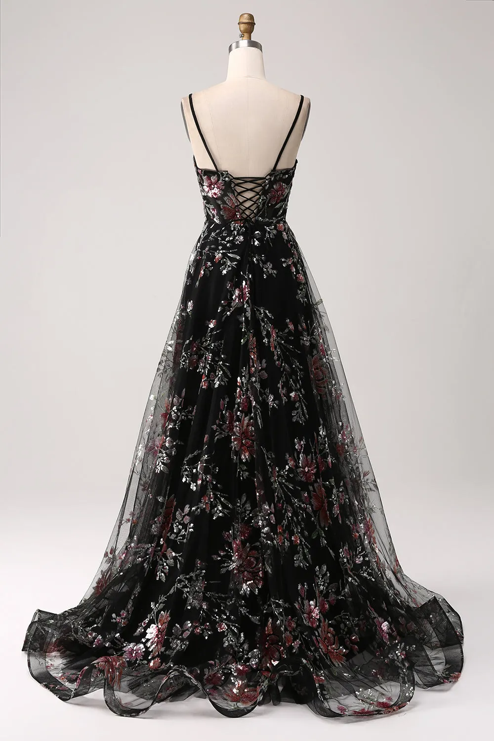 Black A-Line Flower Sequins Long Corset Prom Dress sold by Zapaka product image thumbnail 2
