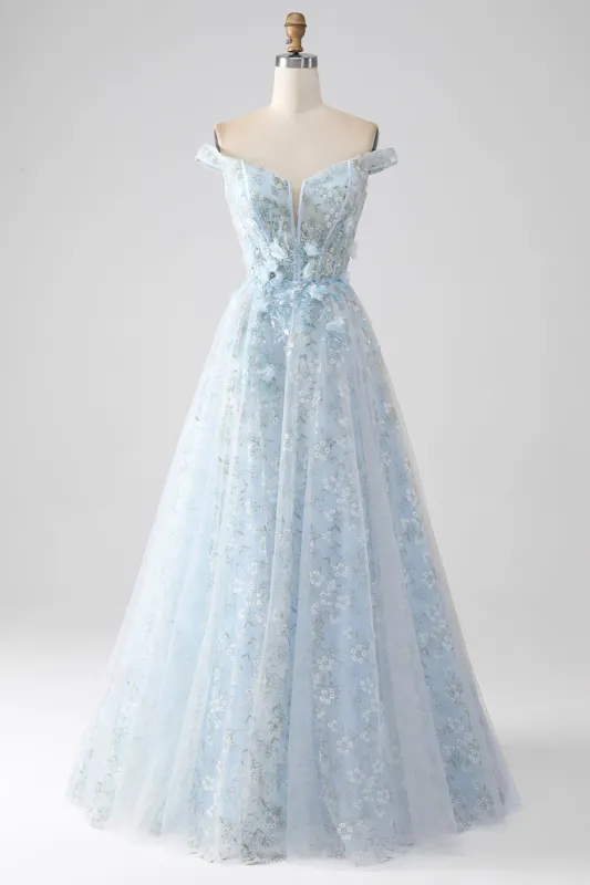 Light Blue A-Line Off the Shoulder Long Corset Prom Dress sold by Zapaka