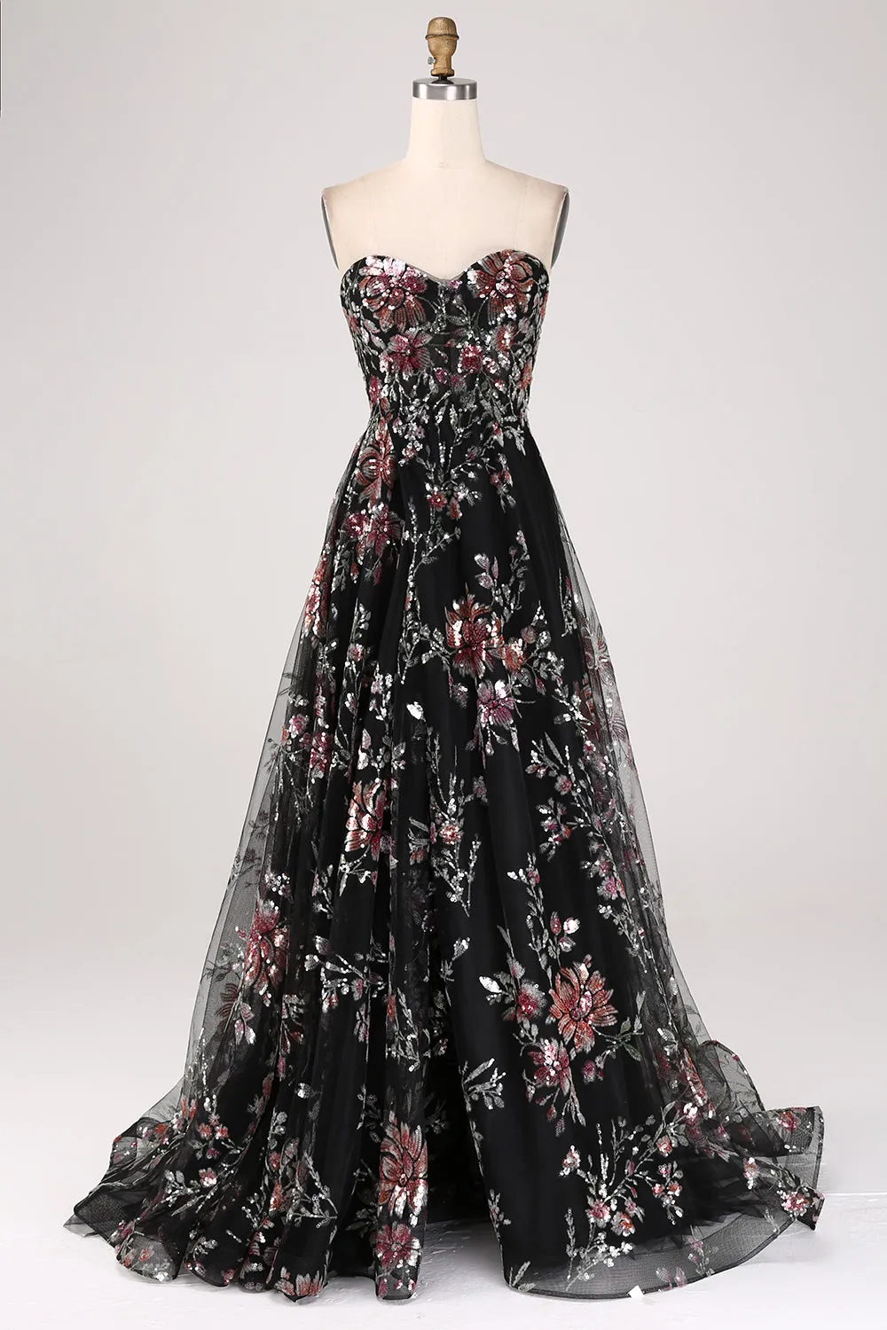 Black A-Line Flower Sequins Long Corset Prom Dress sold by Zapaka product image thumbnail 3