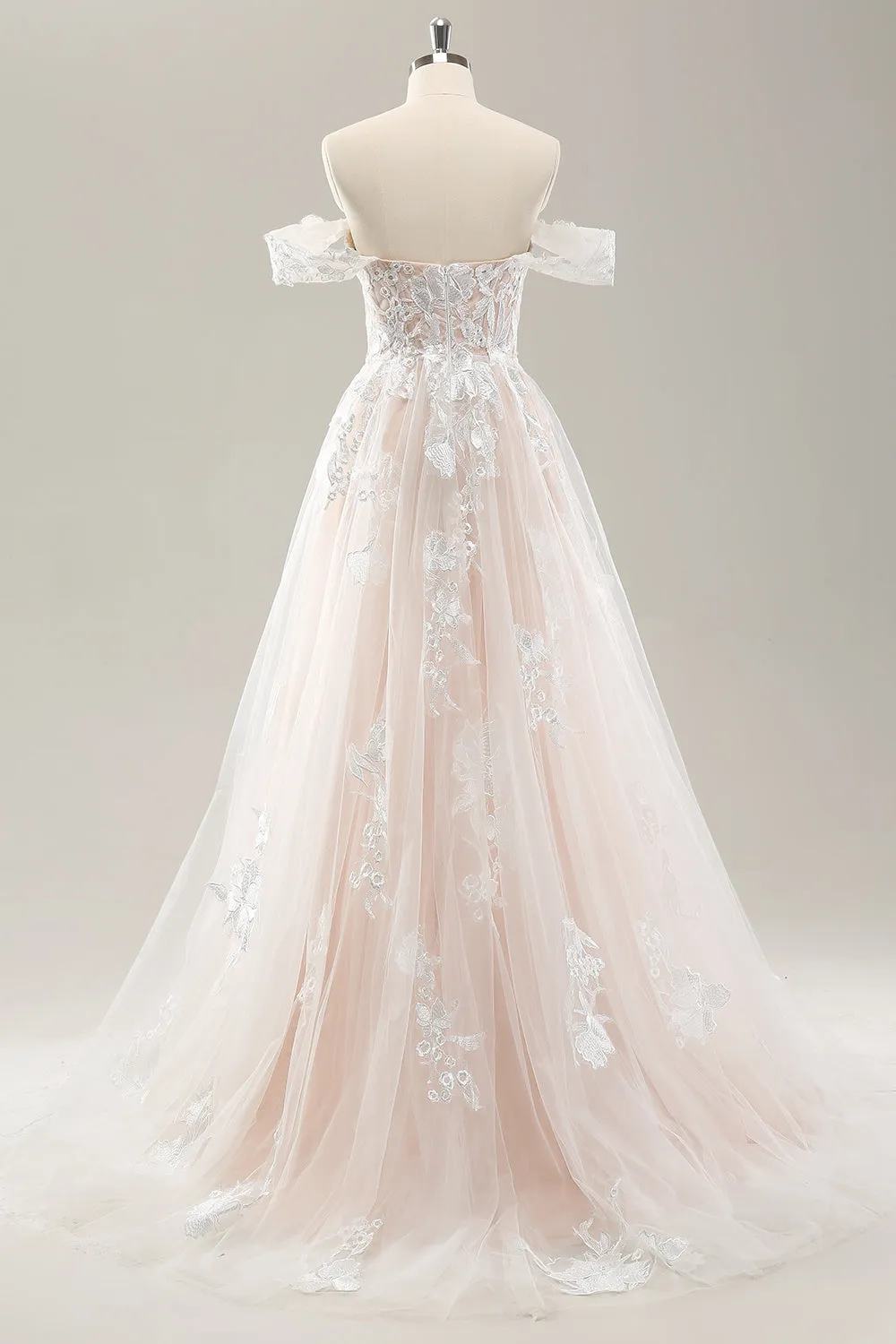 White A Line Off the Shoulder Tulle Wedding Dress with Applique Lace sold by Zapaka product image thumbnail 2