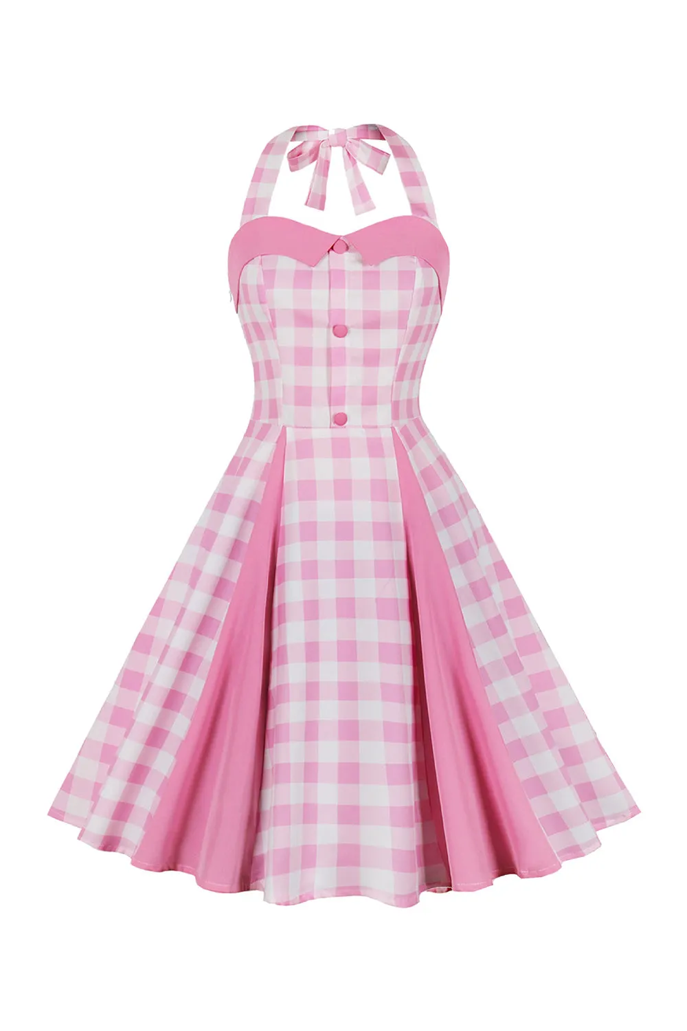A Line Halter Neck Pink Plaid Pink 1950s Dress sold by Zapaka