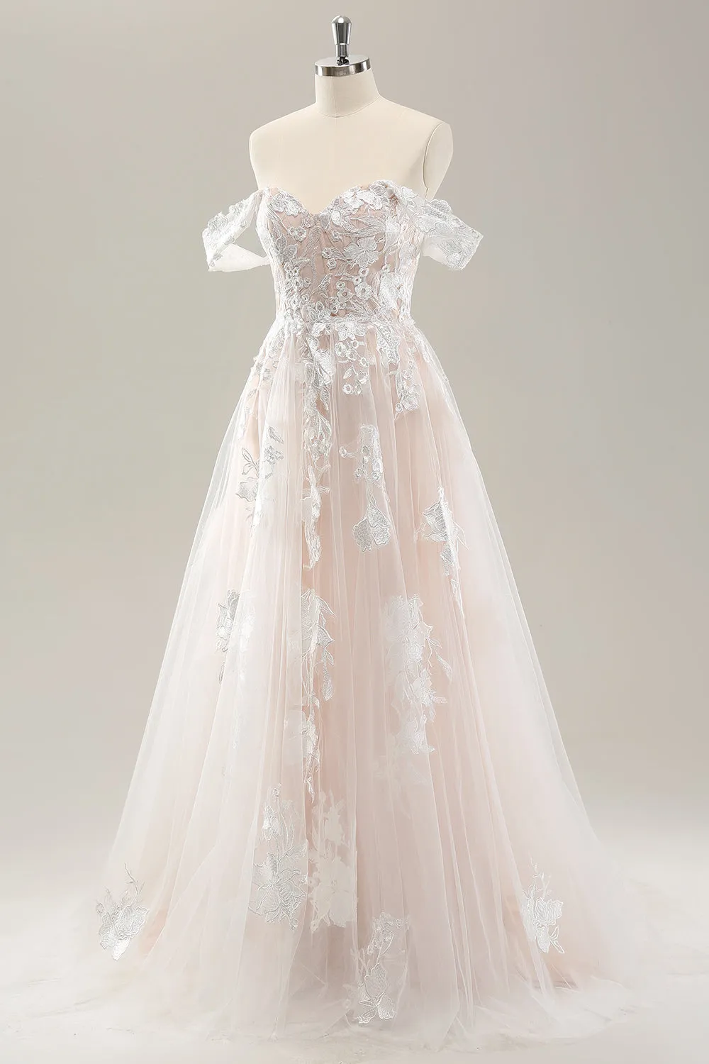 White A Line Off the Shoulder Tulle Wedding Dress with Applique Lace sold by Zapaka product image thumbnail 3