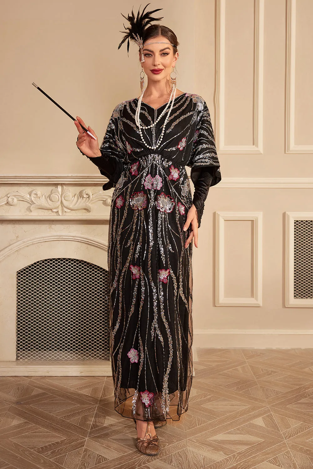 1920's Attire Great Gatsby Dress Flapper Dress Accessories Glitter Black Batwing Sleeves Sequins Long 1920s Flapper Dress Parallel 1920's Attire Great Gatsby Dress Flapper Dress Accessories Glitter Black Batwing Sleeves Sequins Long 1920s Flapper Dress Parallel