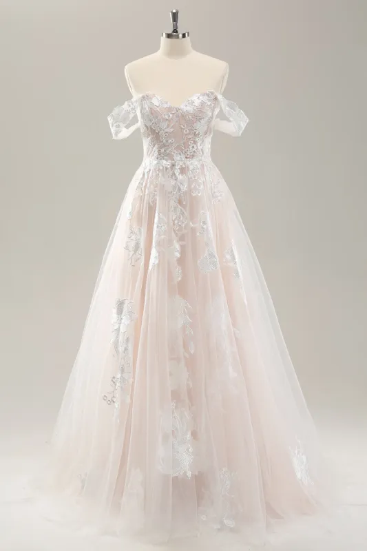 White A Line Off the Shoulder Tulle Wedding Dress with Applique Lace sold by Zapaka