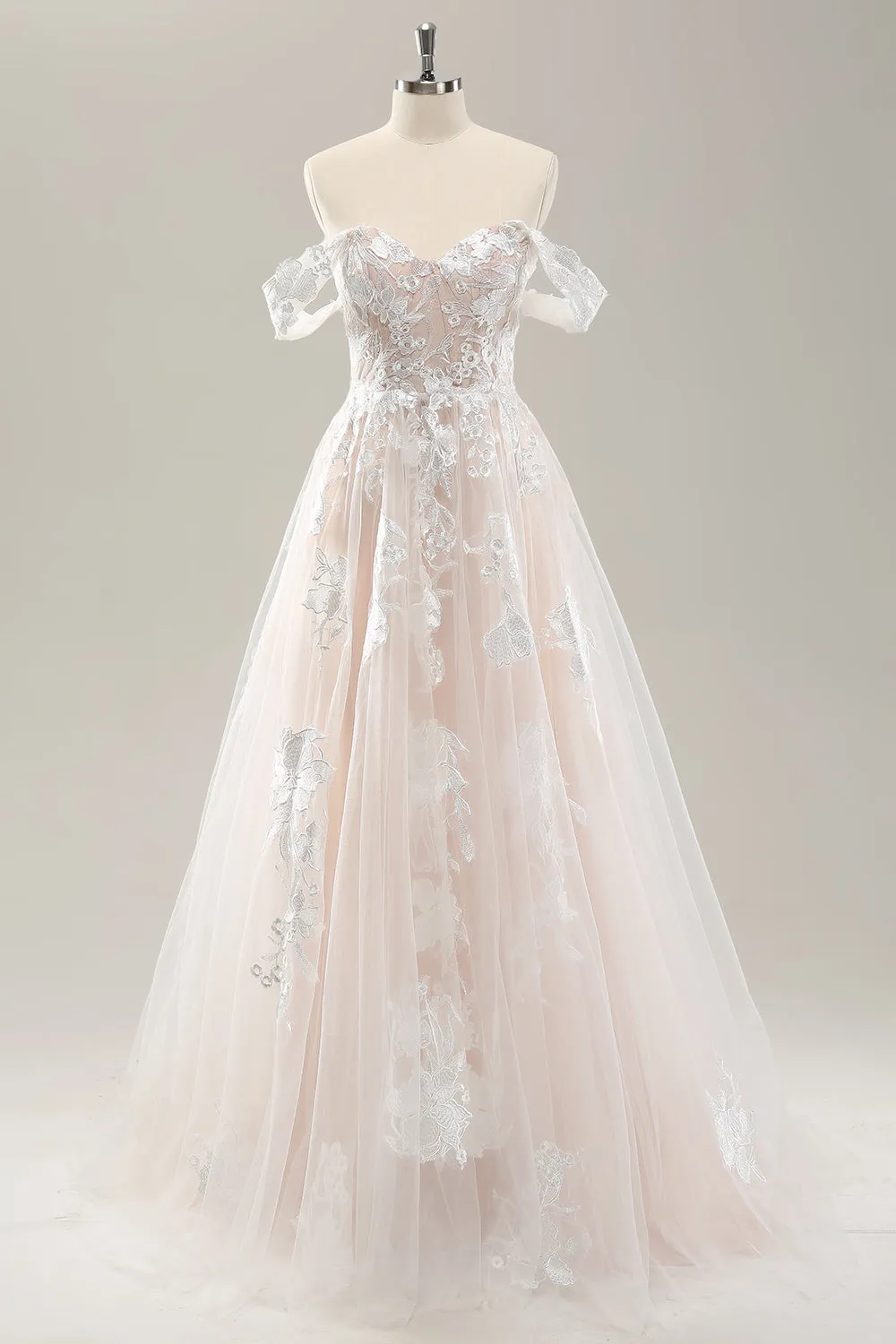 White A Line Off the Shoulder Tulle Wedding Dress with Applique Lace sold by Zapaka