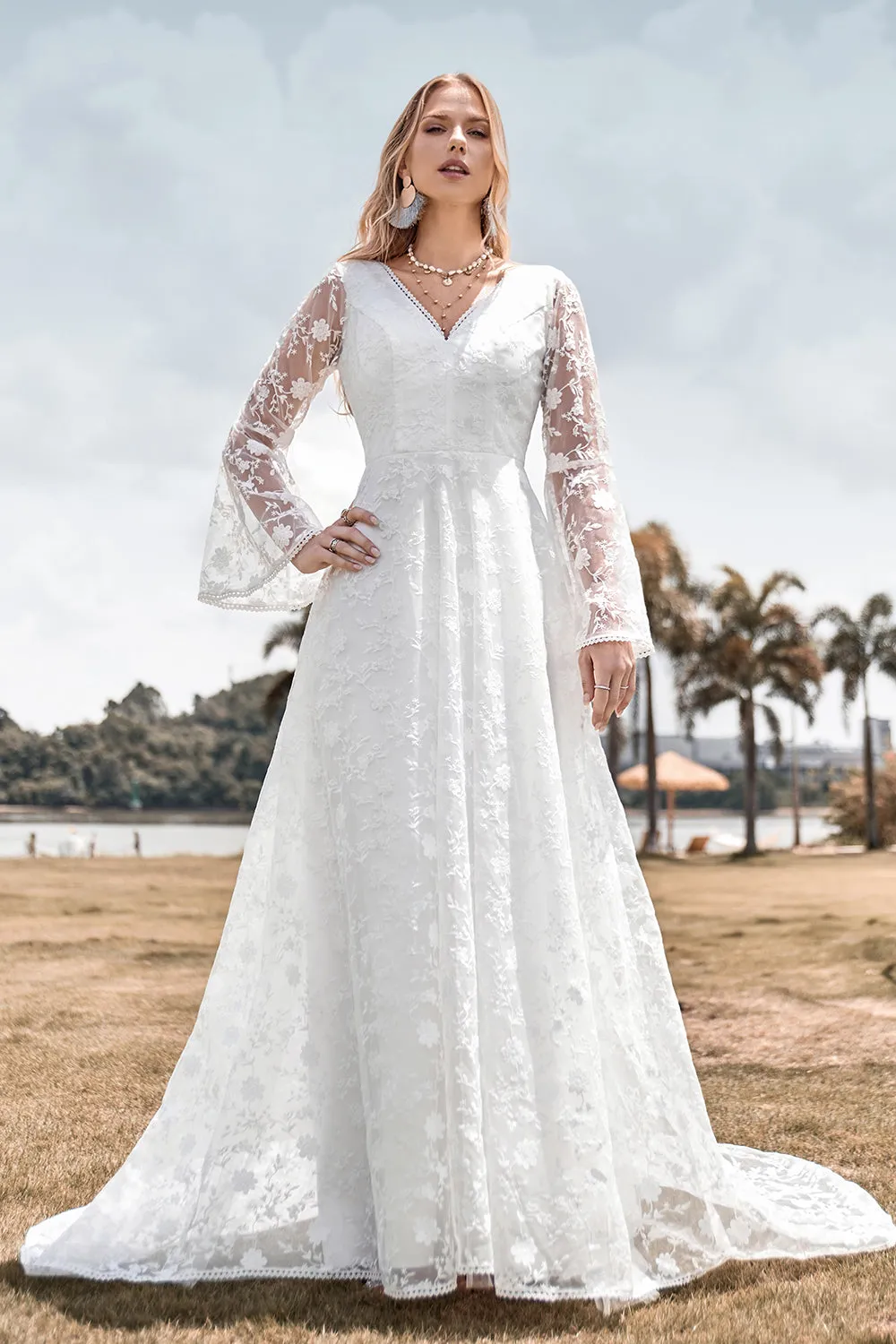 Beauty A Line V Neck Ivory Lace Flare Sleeves Wedding Dress sold by Zapaka