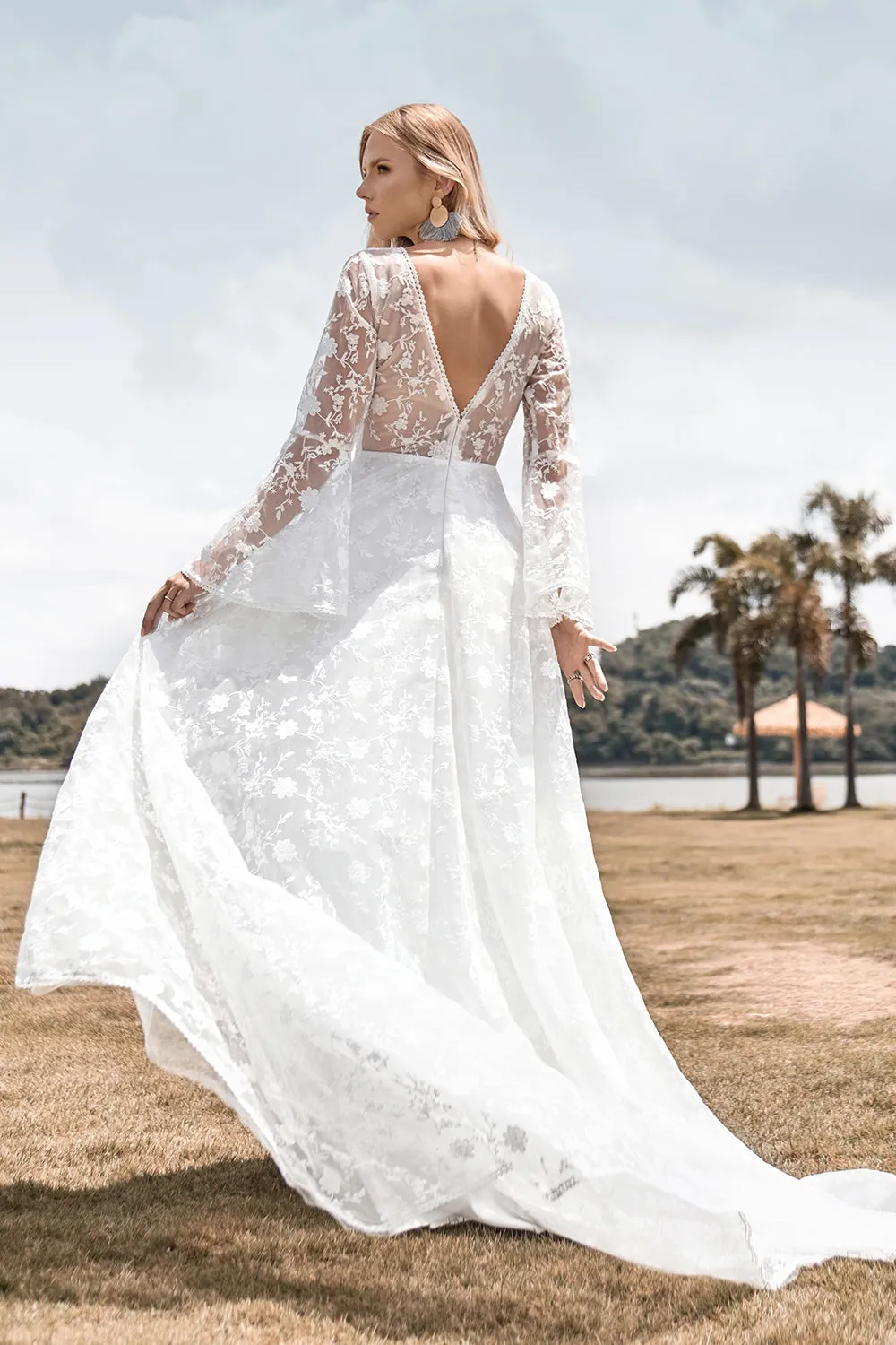 Beauty A Line V Neck Ivory Lace Flare Sleeves Wedding Dress sold by Zapaka product image thumbnail 2