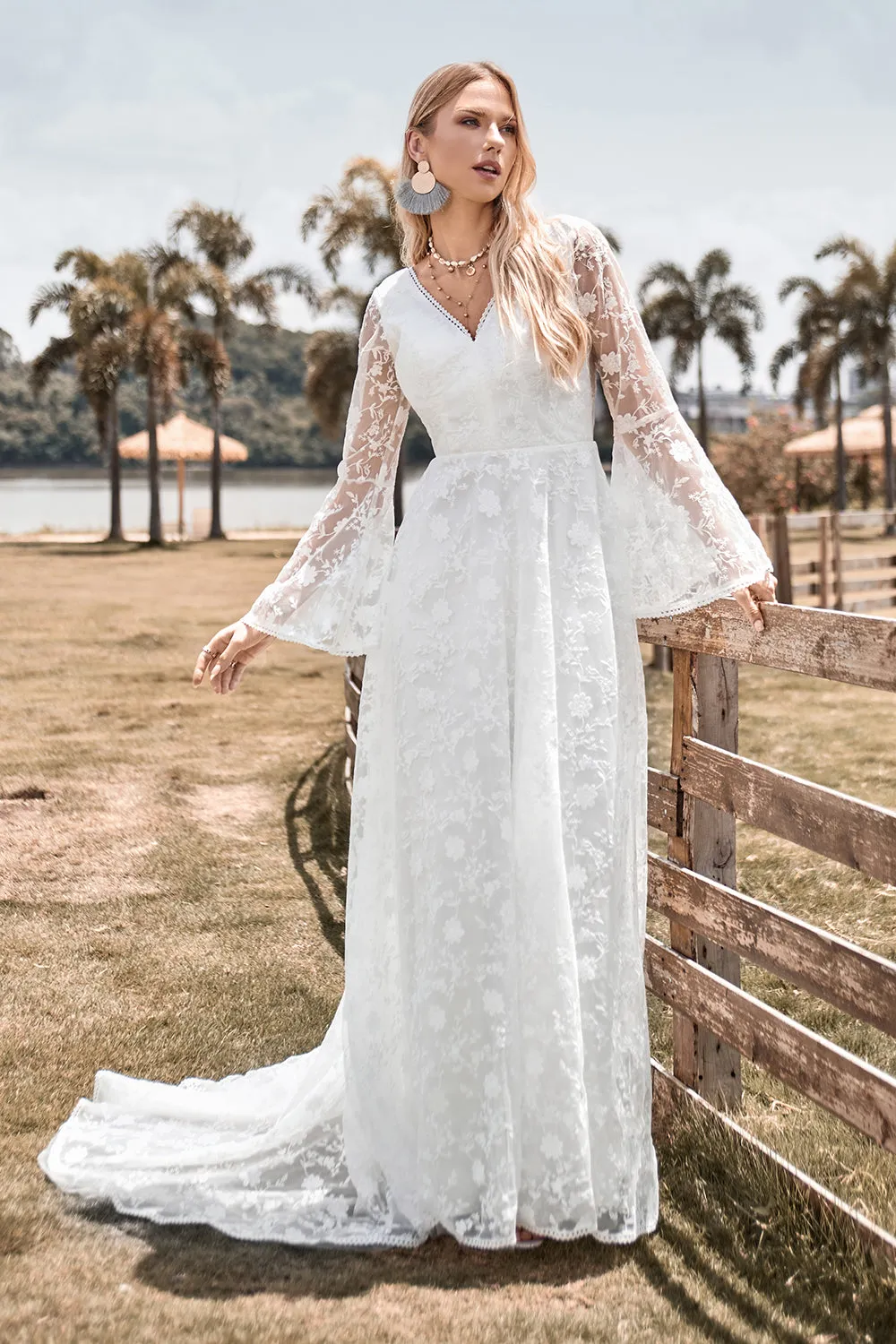 Beauty A Line V Neck Ivory Lace Flare Sleeves Wedding Dress sold by Zapaka product image thumbnail 4
