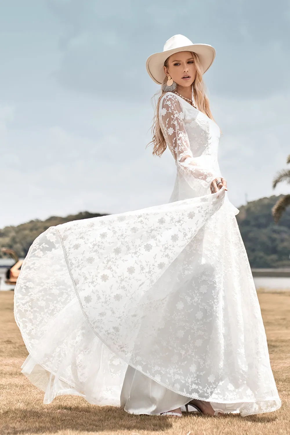 Beauty A Line V Neck Ivory Lace Flare Sleeves Wedding Dress sold by Zapaka product image thumbnail 5