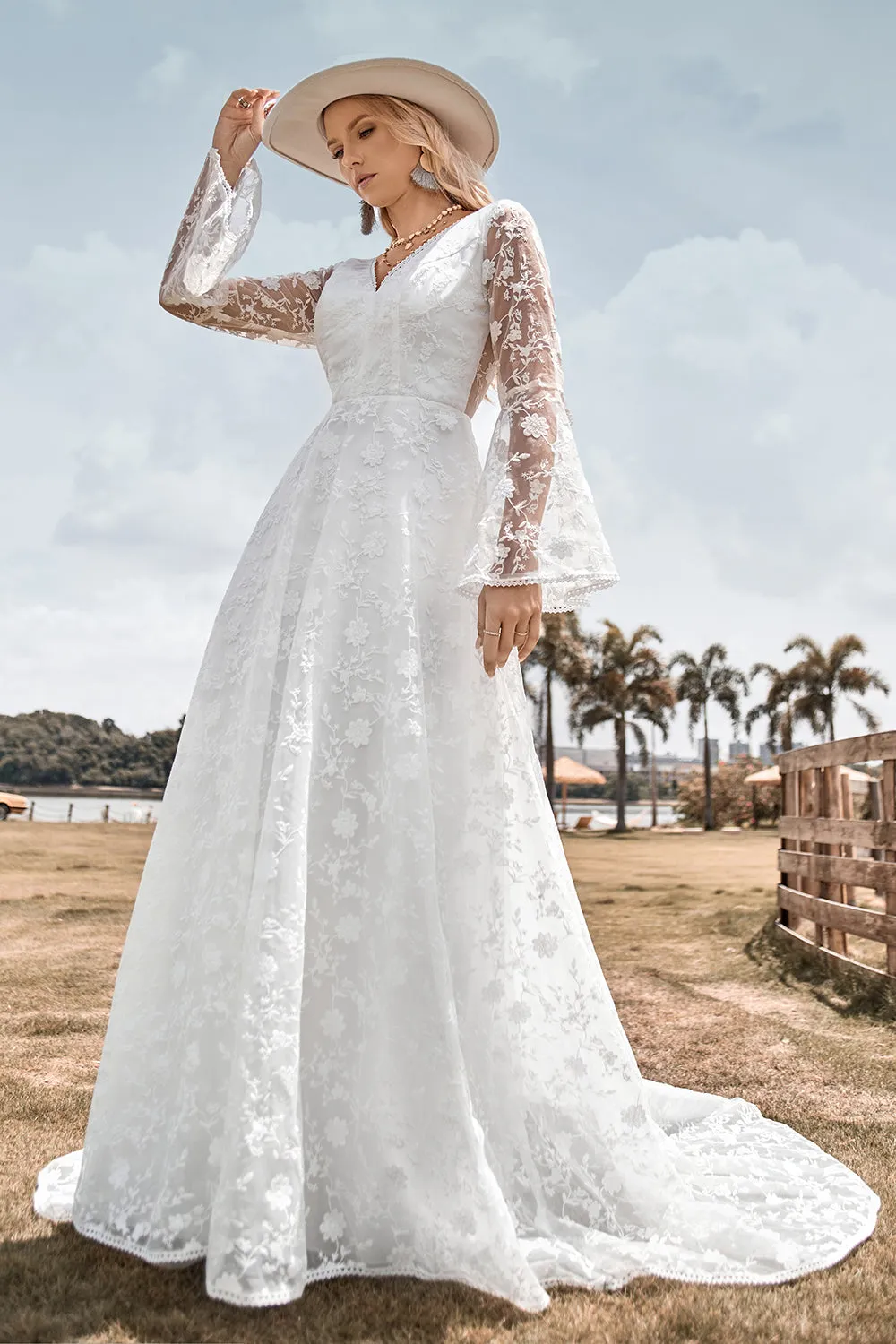 Beauty A Line V Neck Ivory Lace Flare Sleeves Wedding Dress sold by Zapaka product image thumbnail 3