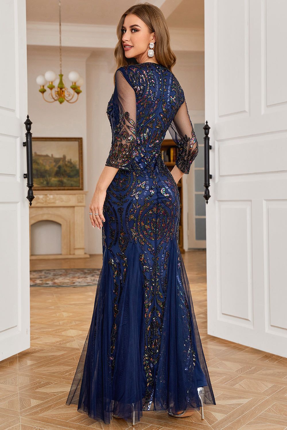 Navy Sequin Long Sleeves Mother of Bride Dress sold by Zapaka product image thumbnail 2