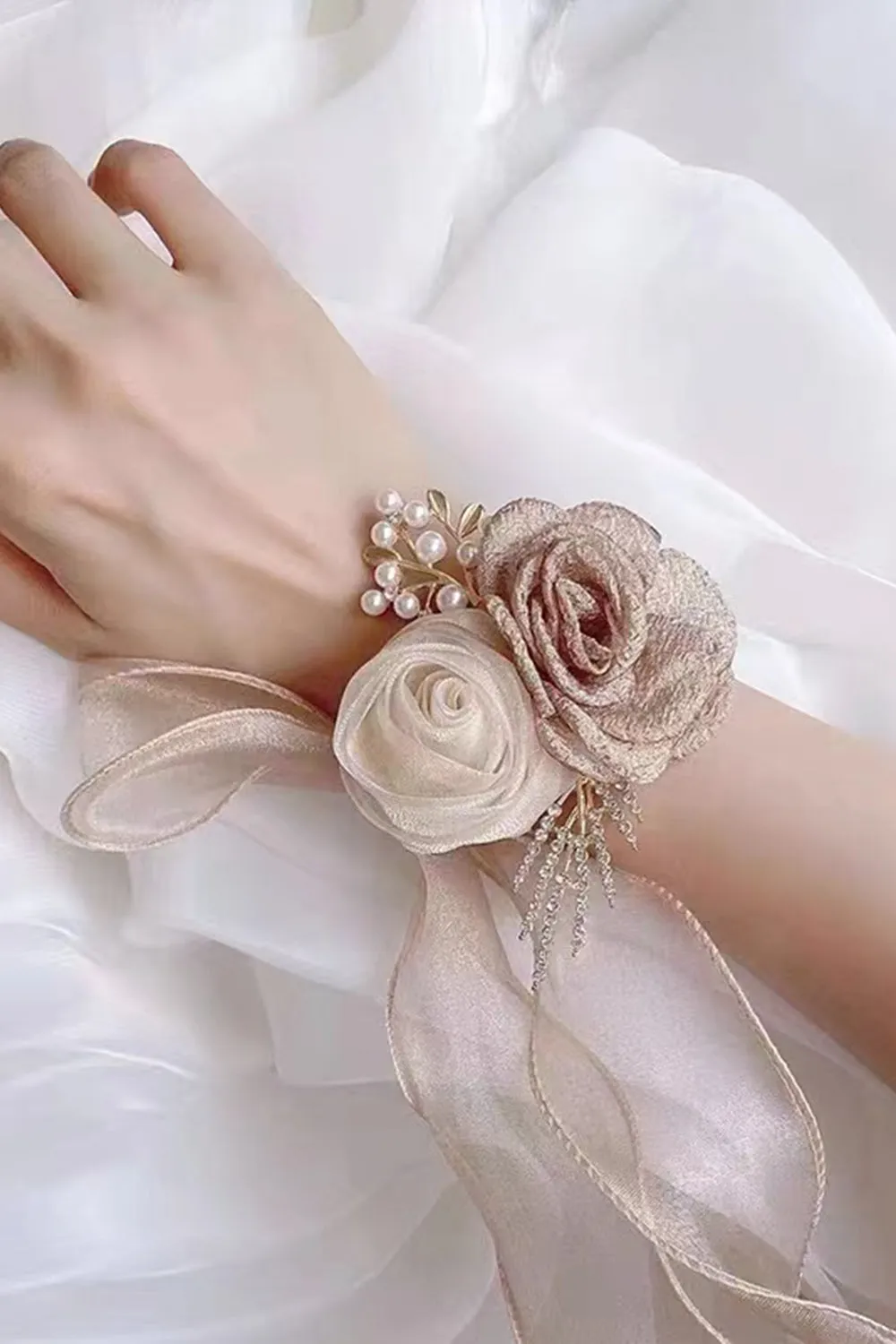 Champagne Two Flowers Wrist Corsage with Ribbon sold by Zapaka