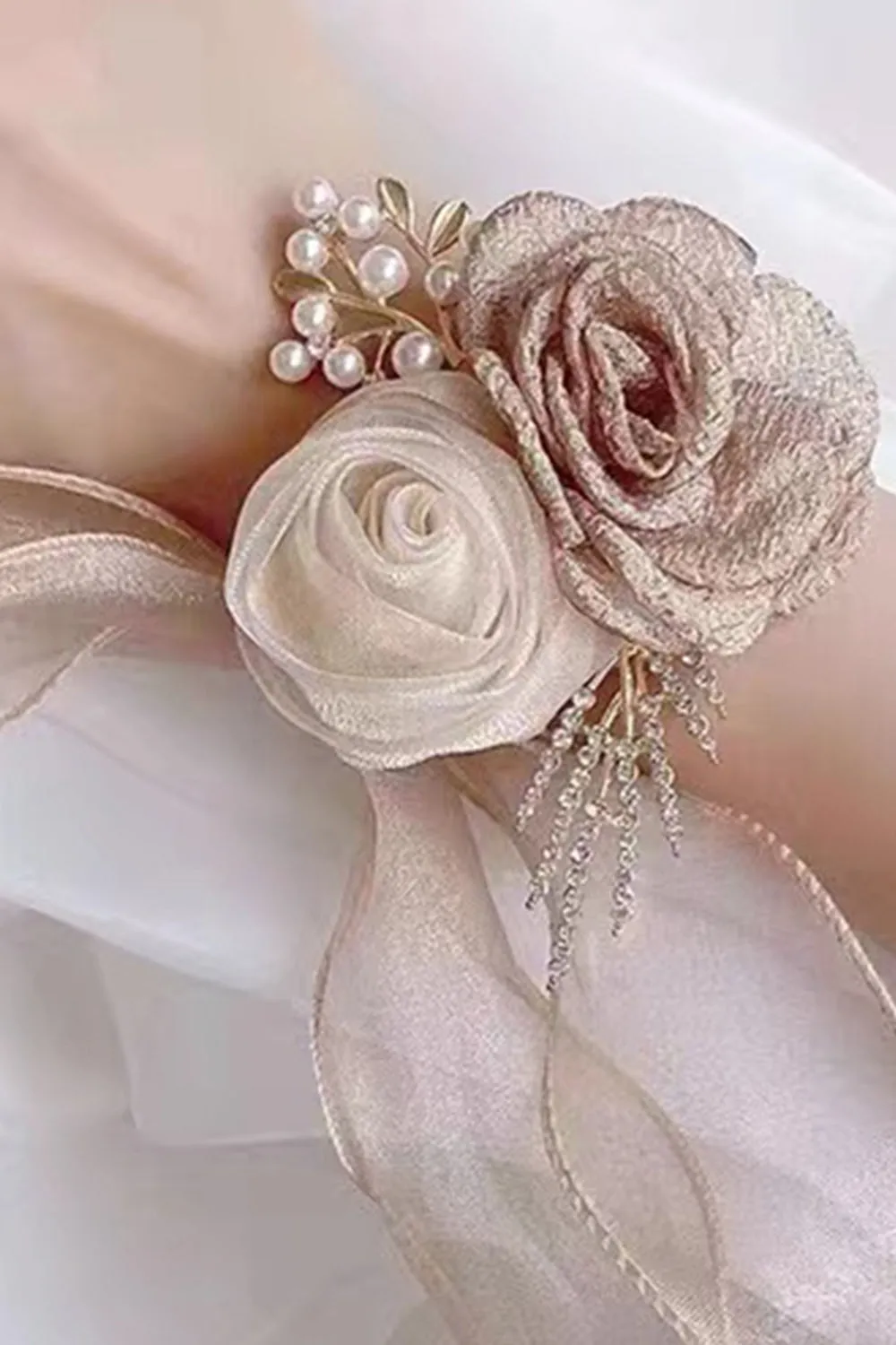 Champagne Two Flowers Wrist Corsage with Ribbon sold by Zapaka product image thumbnail 2