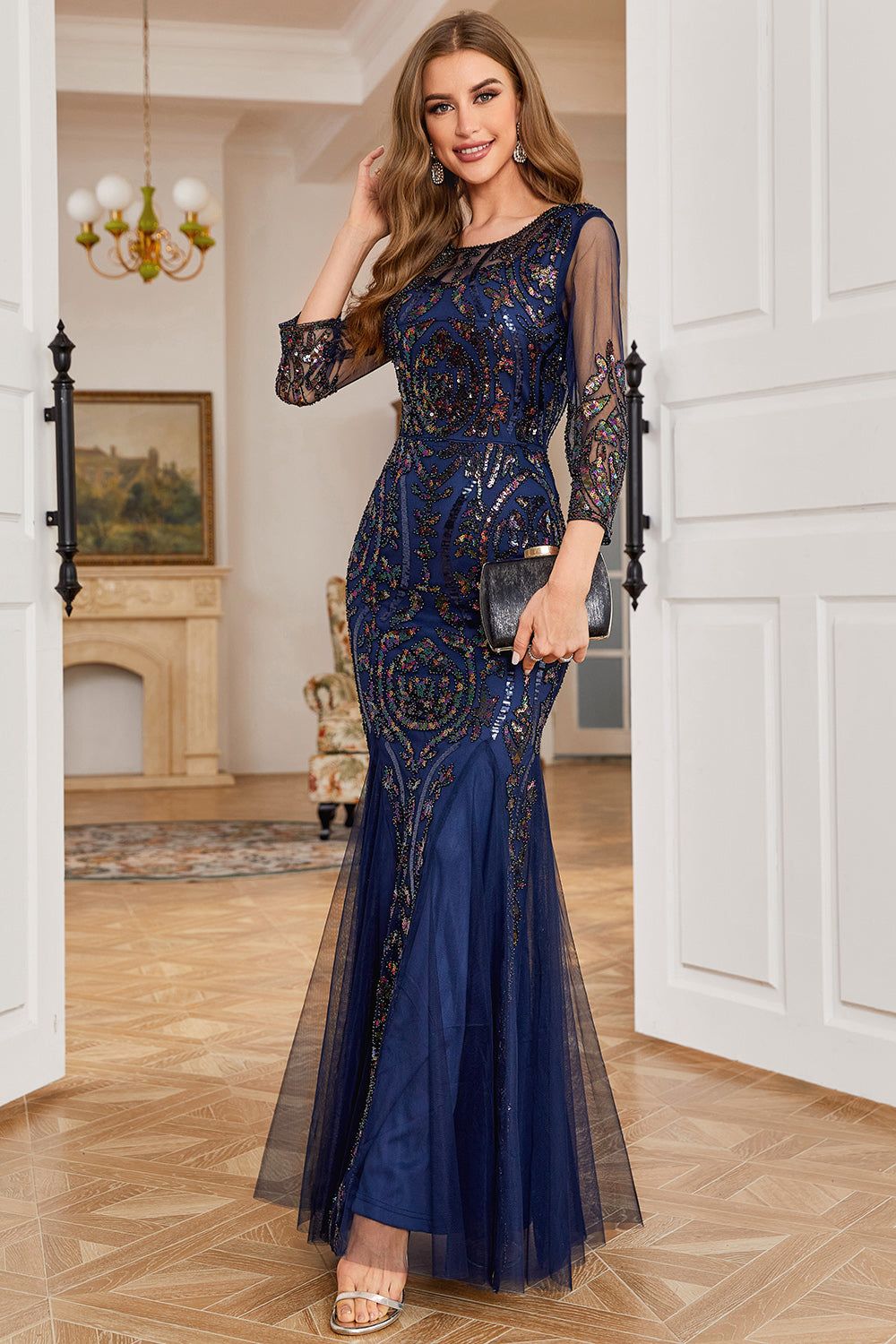 Navy Sequin Long Sleeves Mother of Bride Dress sold by Zapaka product image thumbnail 5