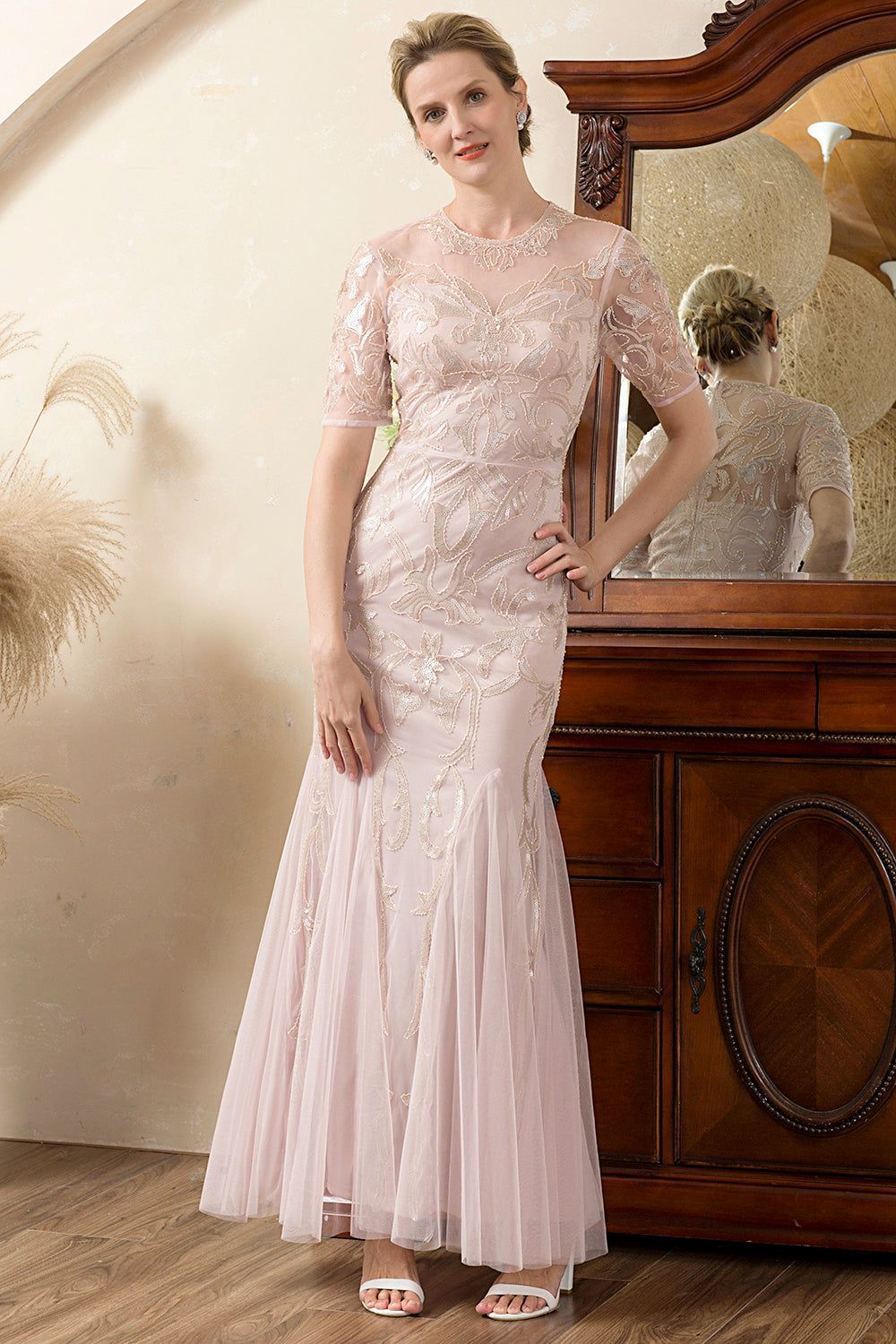 Sparkly Grey Pink Beaded Mother of the Bride Dress sold by Zapaka