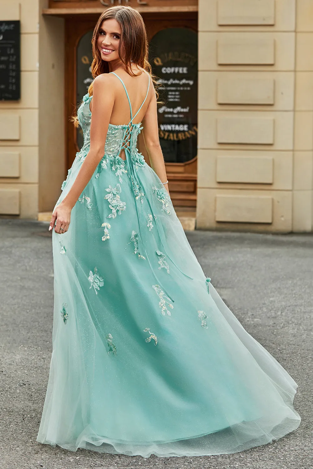 A-Line Green Tulle Corset Applique Long Prom Dress With Accessories Set sold by Zapaka product image thumbnail 2