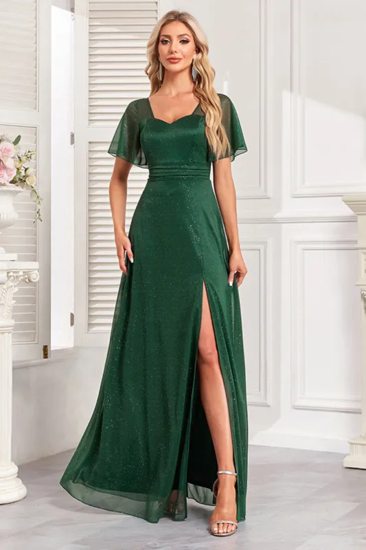 Sparkly Dark Green A Line Long Prom Dress With Slit sold by Zapaka