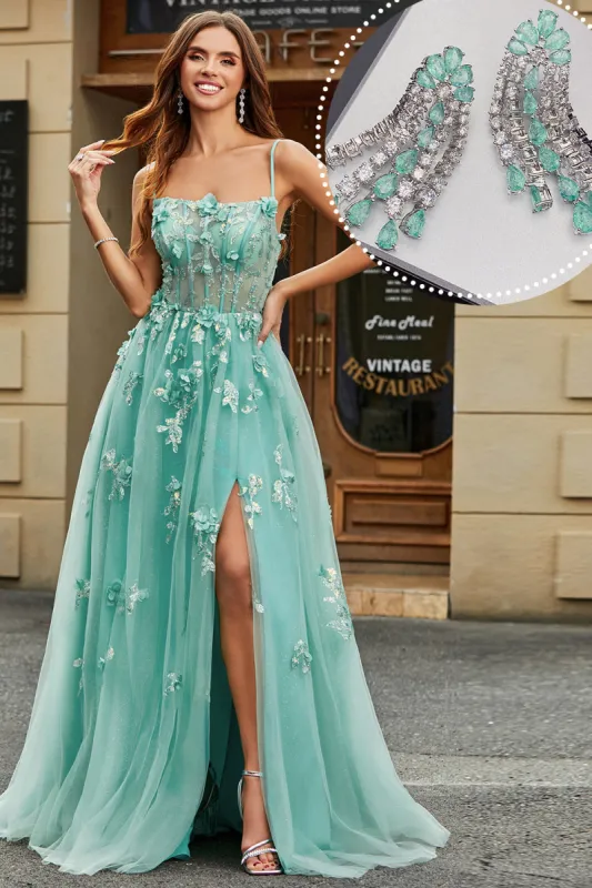 A-Line Green Tulle Corset Applique Long Prom Dress With Accessories Set sold by Zapaka
