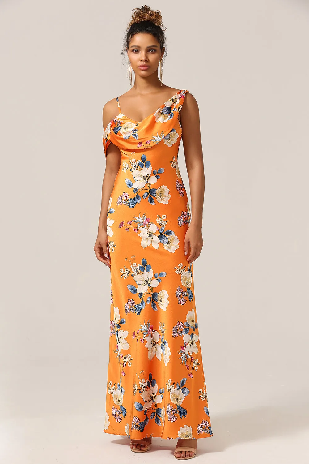 Trendy Mermaid One Shoulder Printed Orange Flower Bridesmaid Dress sold by Zapaka product image thumbnail 3