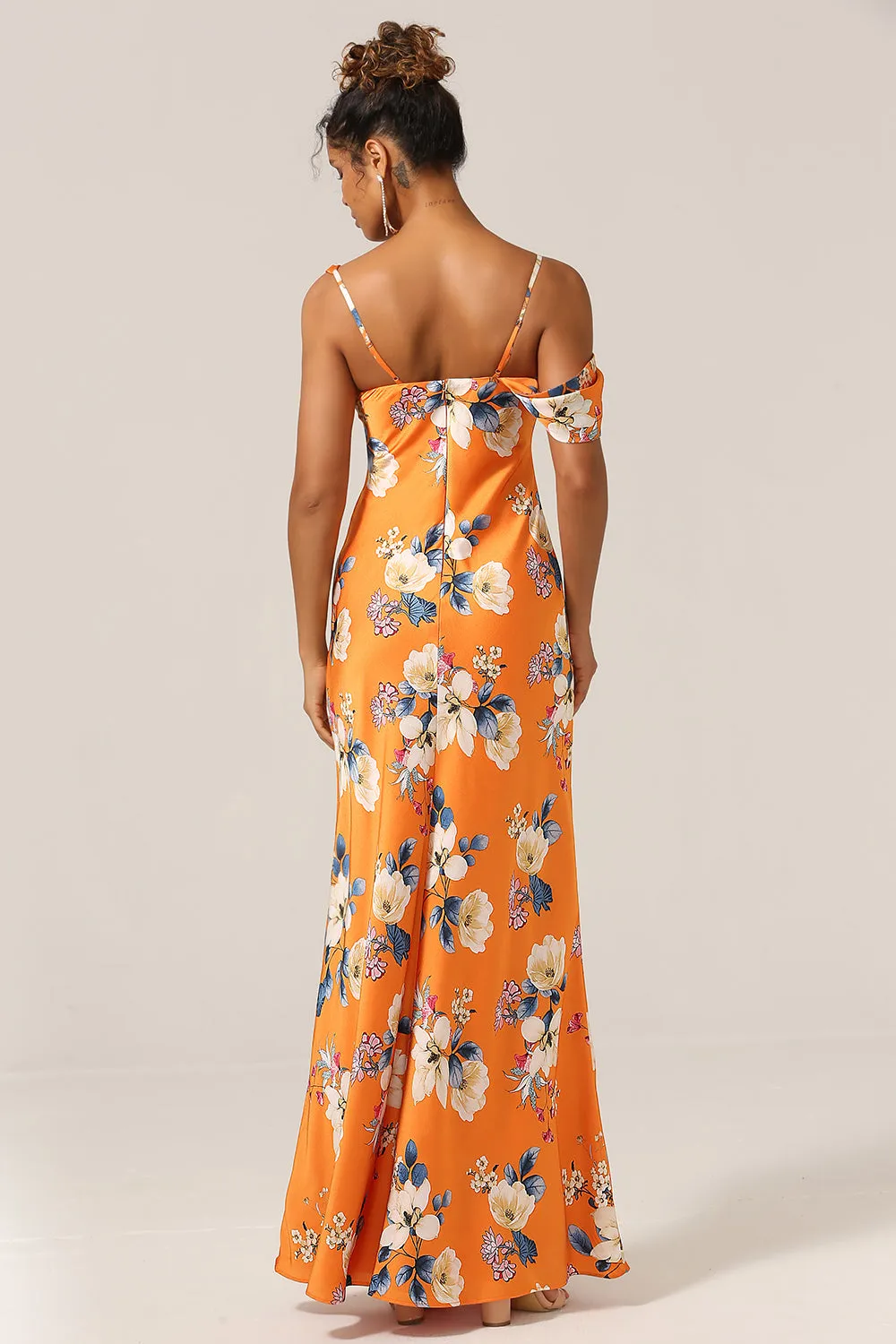 Trendy Mermaid One Shoulder Printed Orange Flower Bridesmaid Dress sold by Zapaka product image thumbnail 2