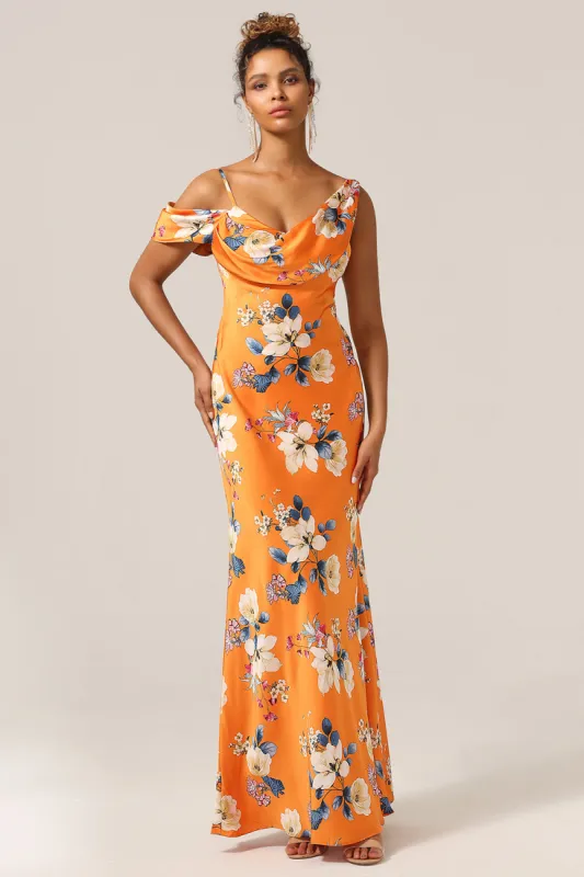 Trendy Mermaid One Shoulder Printed Orange Flower Bridesmaid Dress sold by Zapaka
