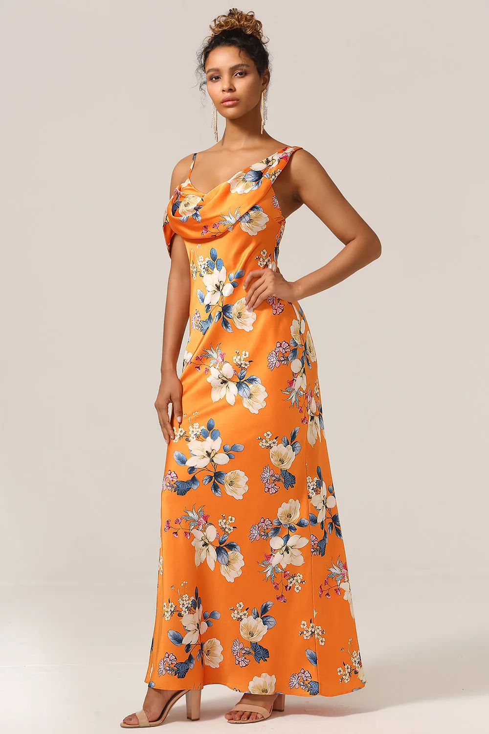 Trendy Mermaid One Shoulder Printed Orange Flower Bridesmaid Dress sold by Zapaka product image thumbnail 4