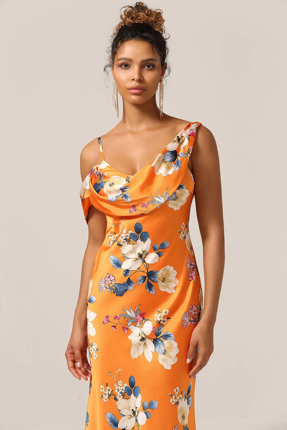Trendy Mermaid One Shoulder Printed Orange Flower Bridesmaid Dress sold by Zapaka product image thumbnail 5