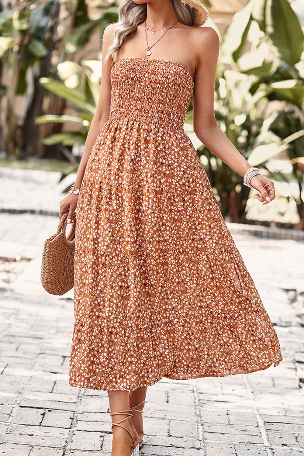 Beige Strapless Floral Printed Summer Dress With Slit sold by Zapaka product image thumbnail 7
