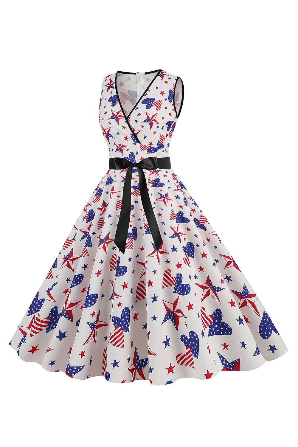 White Stars Printed V-Neck 1950s Dress With Belt sold by Zapaka product image thumbnail 3