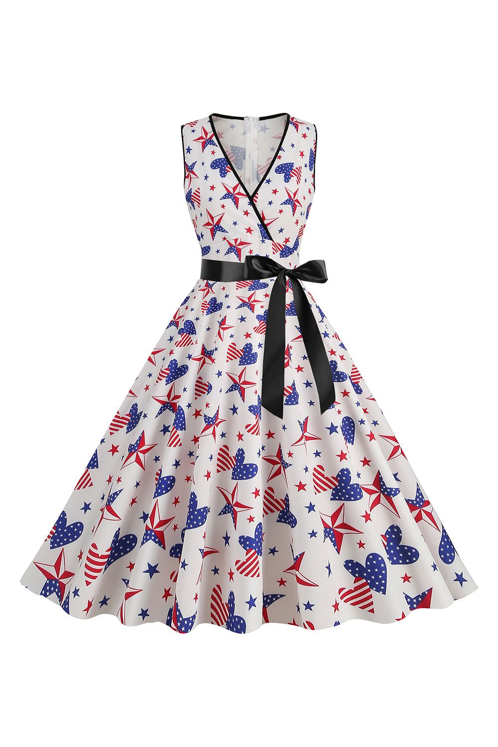 White Stars Printed V-Neck 1950s Dress With Belt sold by Zapaka