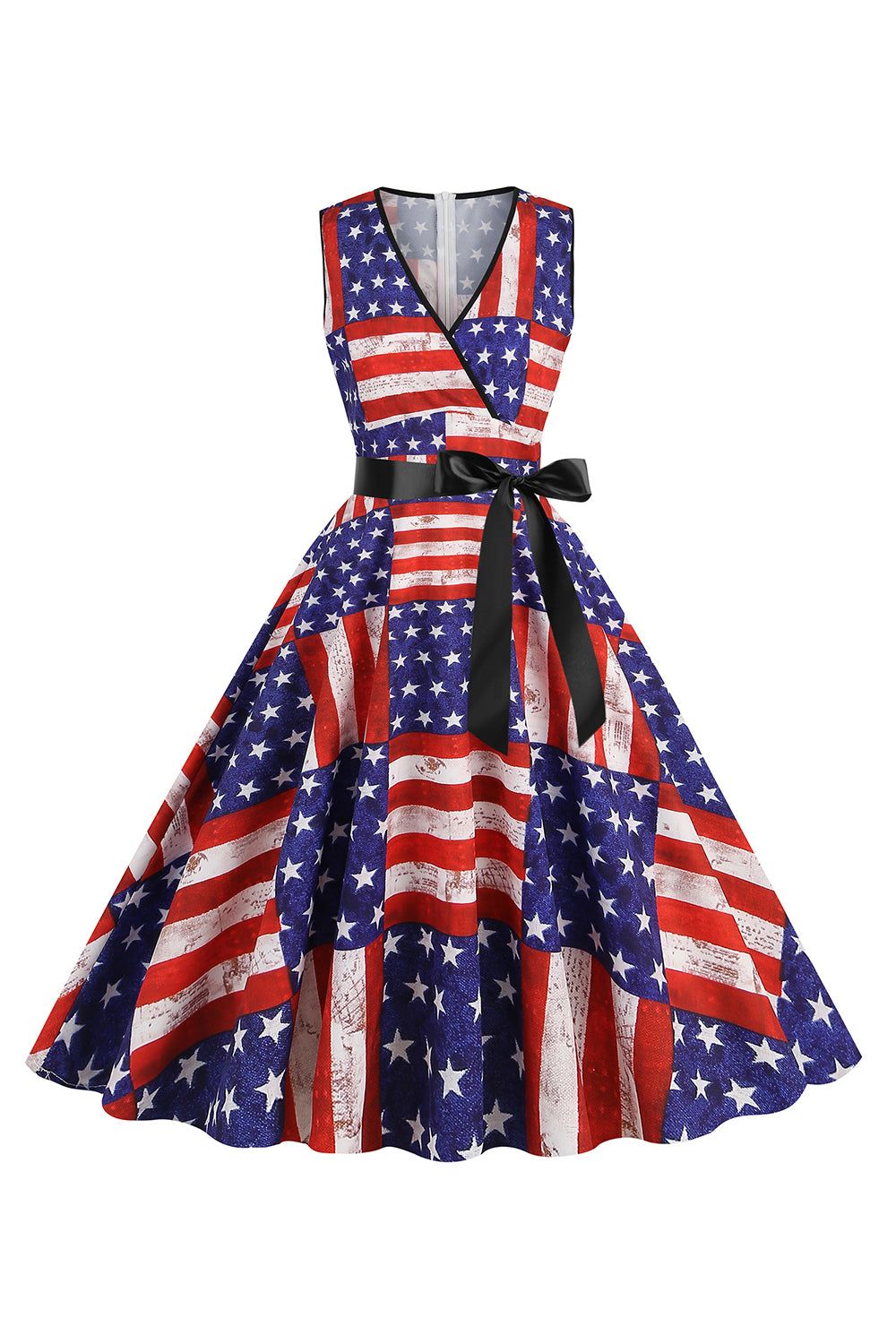 White Stars Printed V-Neck 1950s Dress With Belt sold by Zapaka product image thumbnail 5