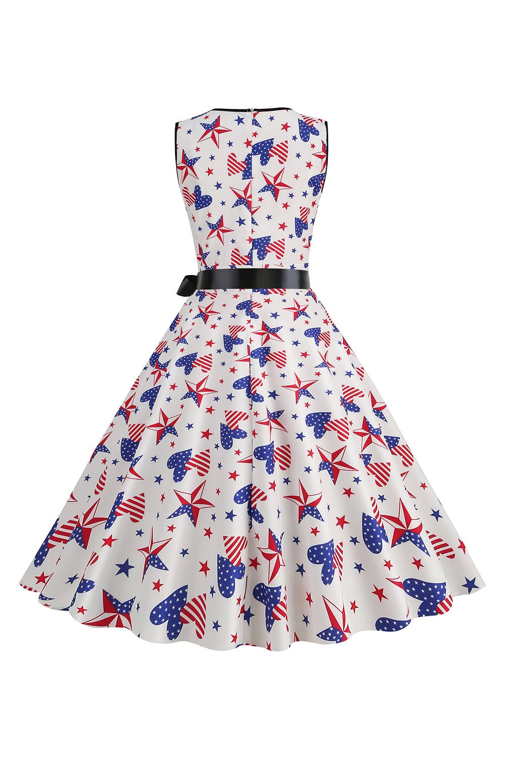 White Stars Printed V-Neck 1950s Dress With Belt sold by Zapaka product image thumbnail 2