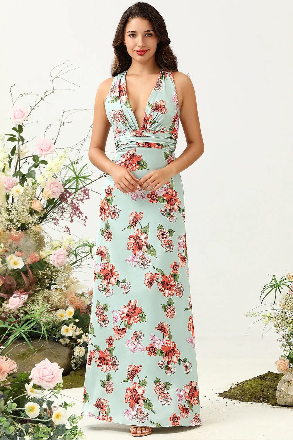 A Line Deep V Neck Green Printed Long Bridesmaid Dress sold by Zapaka product image thumbnail 3