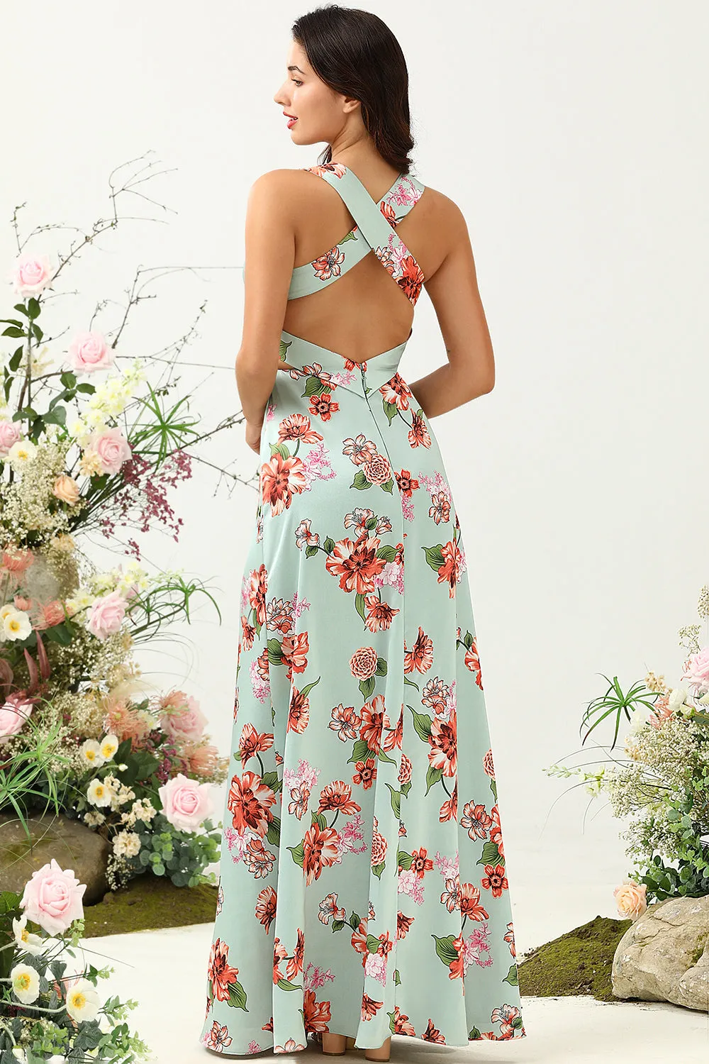 A Line Deep V Neck Green Printed Long Bridesmaid Dress sold by Zapaka product image thumbnail 2