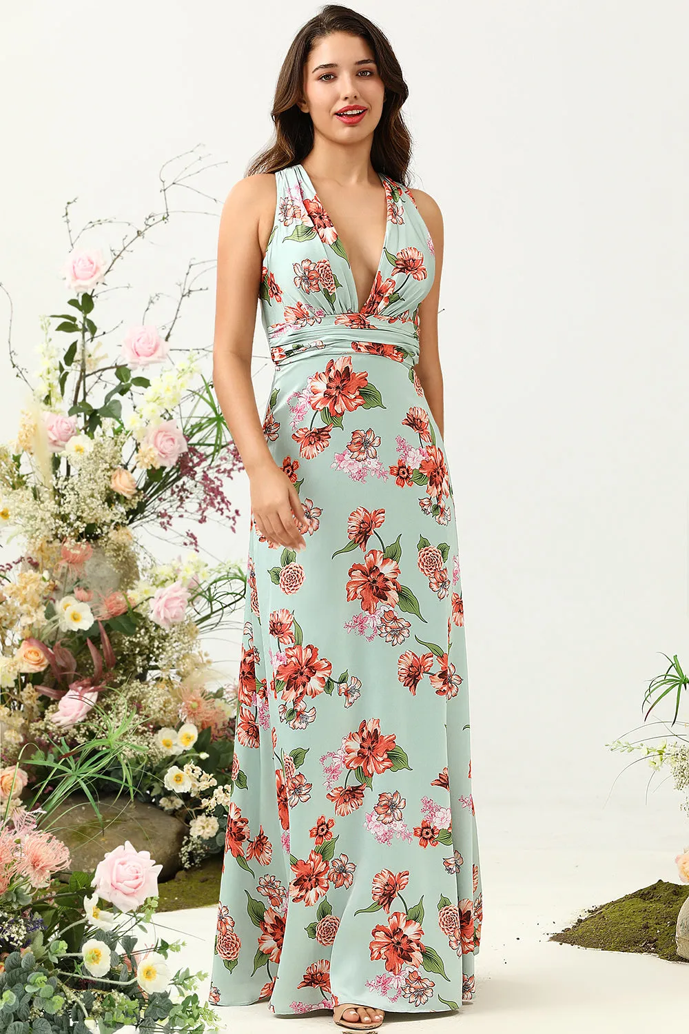A Line Deep V Neck Green Printed Long Bridesmaid Dress sold by Zapaka product image thumbnail 5