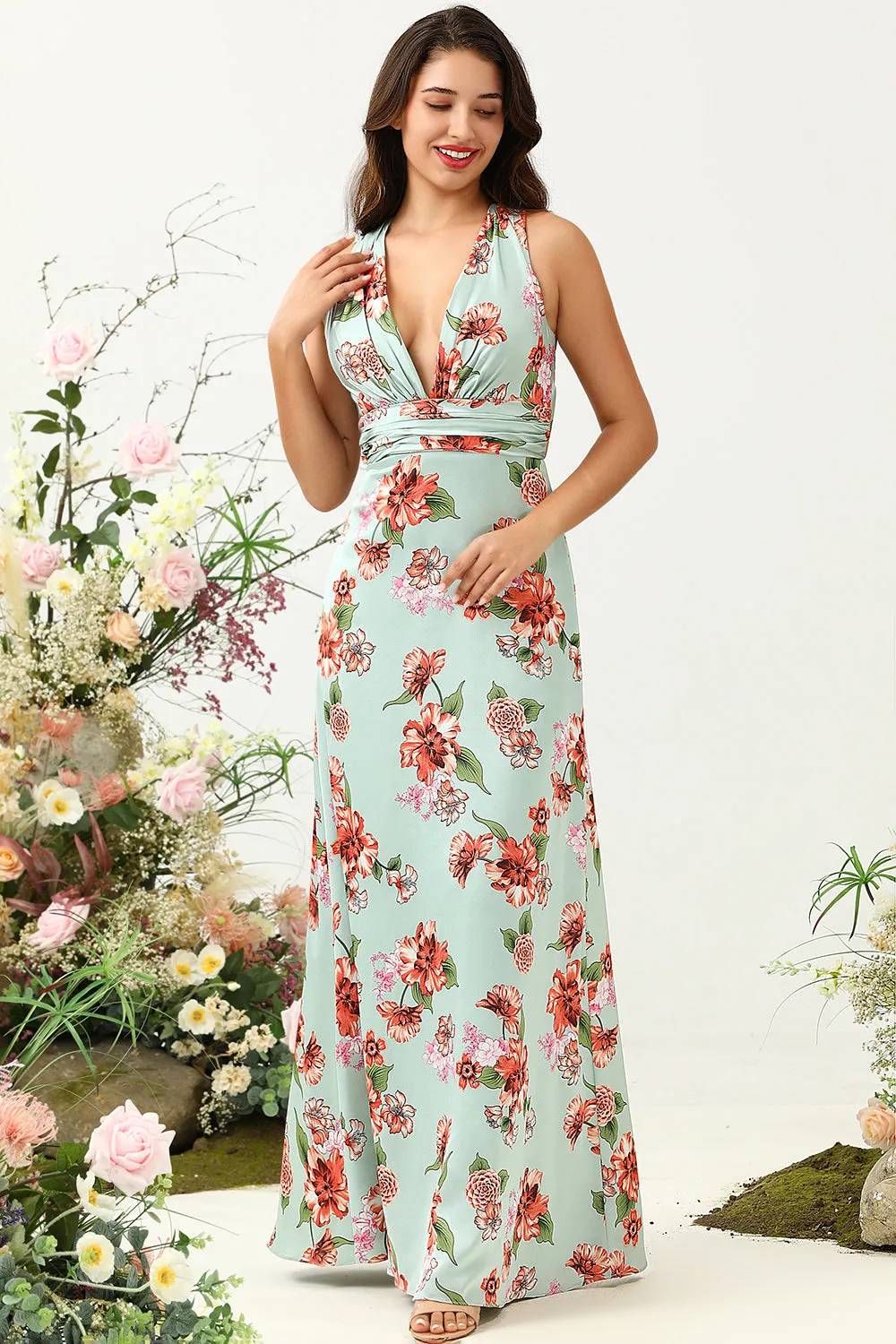 A Line Deep V Neck Green Printed Long Bridesmaid Dress sold by Zapaka product image thumbnail 4