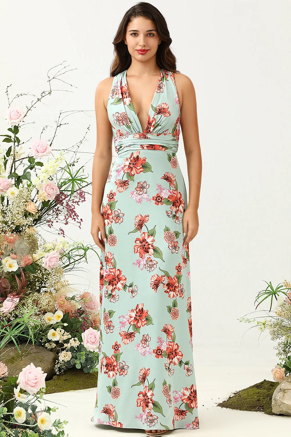 A Line Deep V Neck Green Printed Long Bridesmaid Dress sold by Zapaka