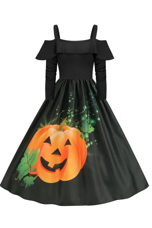 Halloween Pumpkin Printed Black Cold Shoulder VIntage Dress made by Zapaka