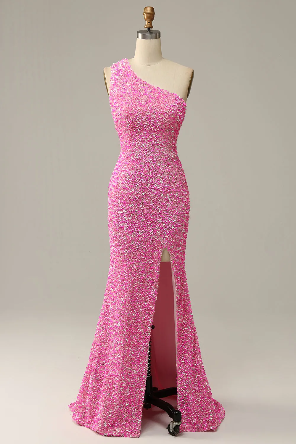 Fuchsia Sequined One Shoulder Mermaid Prom Dress With Slit sold by Zapaka