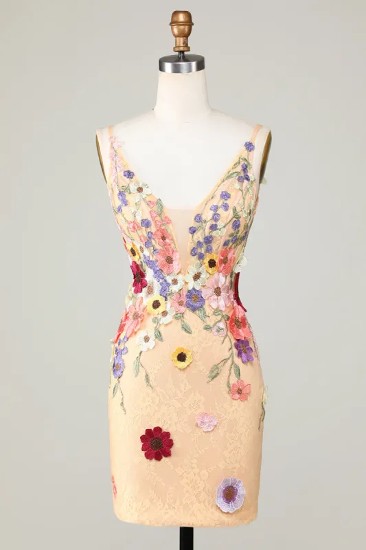 Bodycon Deep V-Neck Champagne Short Homecoming Dress with Appliques sold by Zapaka